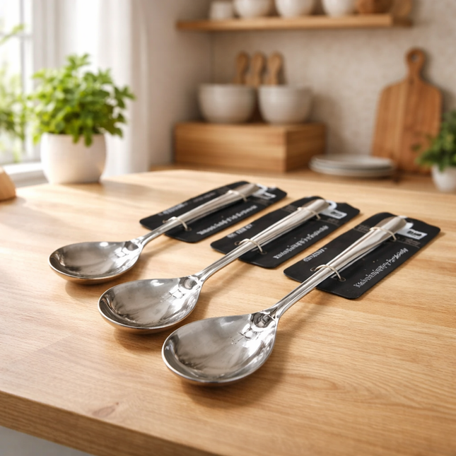 Kaizen Premium Stainless Steel Serving Spoon / Flat Ladle – Heavy-Duty Kitchen Serving Spoon – 3 Sizes (9.75", 11.5", or 13.75")