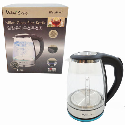 Milan Care Glass Electric Kettle with Blue LED (1.8L) – Cordless Electric Kettle – 360° Power Base – 1250W
