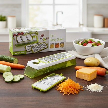 3-in-1 Handy Grater - 3 Interchangeable Stainless Steel Blades & Collecting Tray