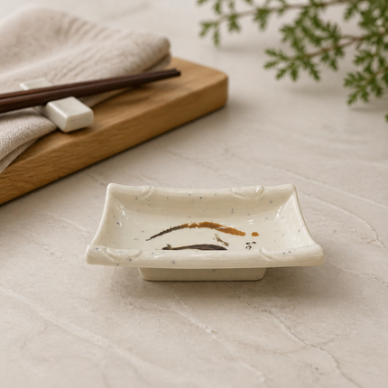Traditional Eggplant Motif Rectangular Melamine Sauce Dish with Upturned Rim - 3.75" × 2.5" - Made in Taiwan