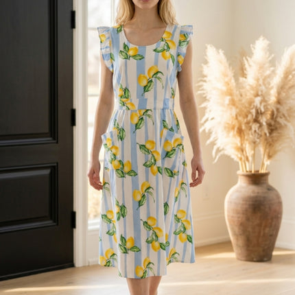 Coastal Lemon Ruffle Apron Dress with Pockets & Back Tie (Golaga Exclusive) - Blue Lemon Stripe Kitchen Aprons
