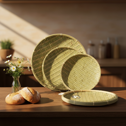 Home Art Round Bamboo Wicker Trays - 3 Sizes - 25cm (9.8") / 30cm (11.8") / 35cm (13.8")