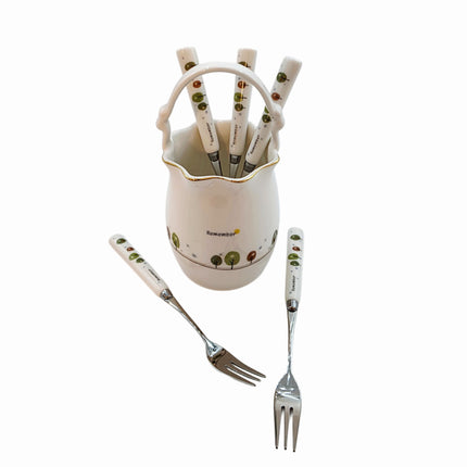 Golden Bell “Remember” Ceramic Utensil Holder (Small) W/ 5 Stainless Steel Fruit Forks – Made in Korea