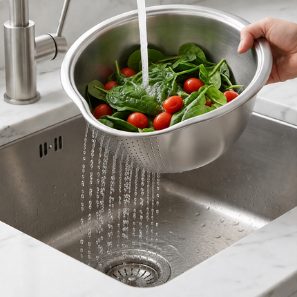 Stainless Steel Vegetable Washing & Draining Bowl with Built-In Strainer - 10.6" x 9.4" (27 x 24 cm)