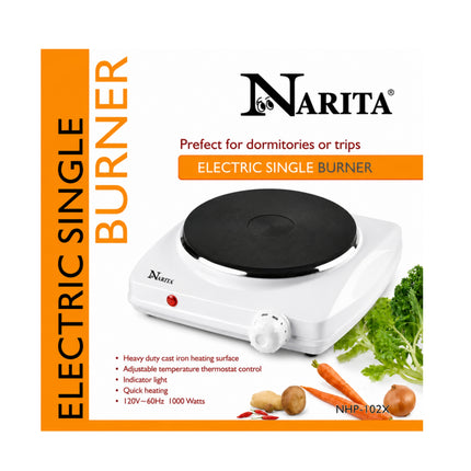 Narita Electric Single Burner Hot Plate - 1000W Portable Countertop Burner - Cast Iron Heating Surface - ETL Listed
