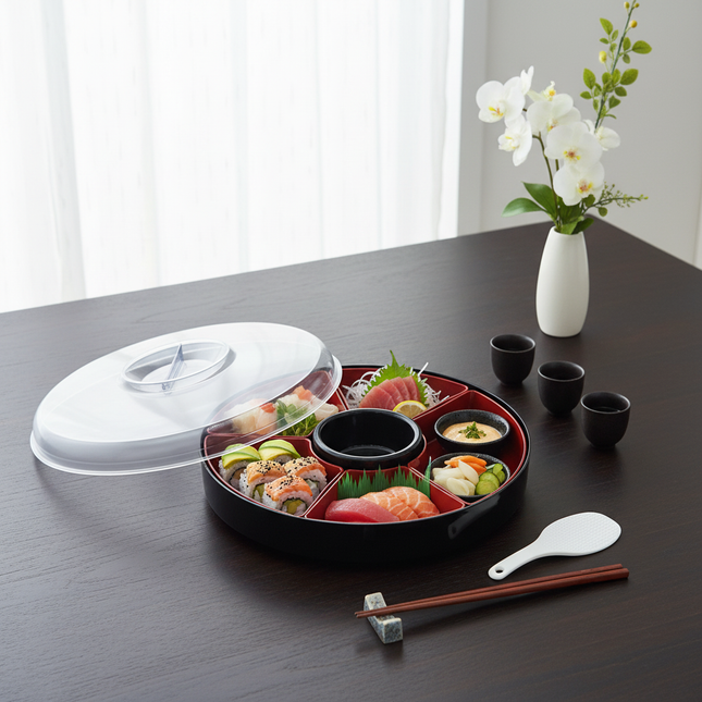 Inomata Divided Serving Platter with Lid & Rice Paddle - Made in Japan - Removable Sections