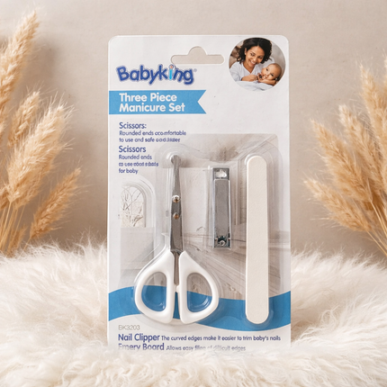 Babyking Baby Nail Care Manicure Set (3-Piece) - Infant Nail Clippers, Rounded Safety Scissors & Emery Board