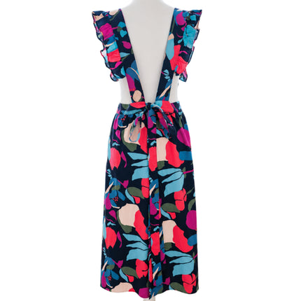 Midnight Botanical Ruffle Apron Dress with Pockets & Back Tie (Golaga Exclusive) - Black Multicolor Kitchen Aprons