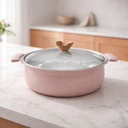 Coronto IH Ceramic Coated Tabletop Pot with Glass Lid — 24cm (9.4 in), Smoky Pink - Non-Stick, Induction Ready