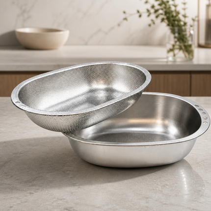 Stainless Steel Oval Mixing Bowl & Strainer Set, 13.4 x 9.8 in (34 x 25 cm) - Nesting Colander & Prep Bowl