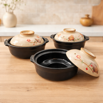 Korean Traditional Earthenware Clay Pot (3 Sizes: 17cm / 19cm / 21cm) – Classic Floral Lid Design
