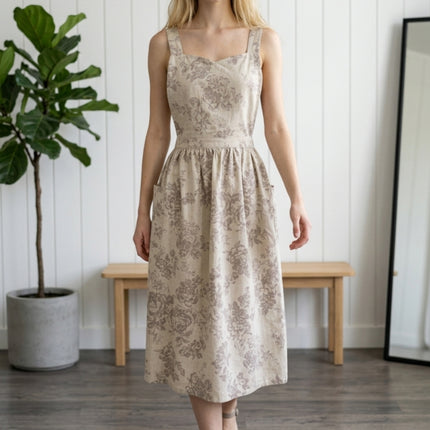 Vintage Floral Linen Cotton Blend Apron Dress with Pockets & Adjustable Shoulder Straps - Kitchen Aprons