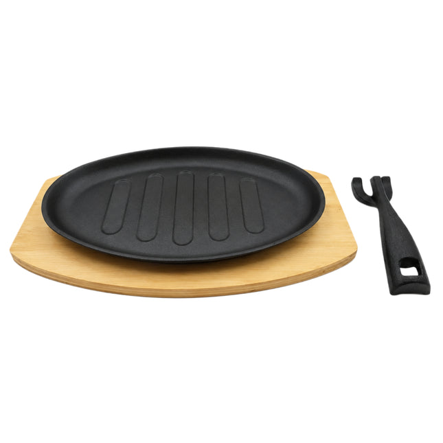 Extra Large Oval Cast Iron BBQ Grill & Sizzling Plate Set with Wooden Base & Cast Iron Plate Lifter