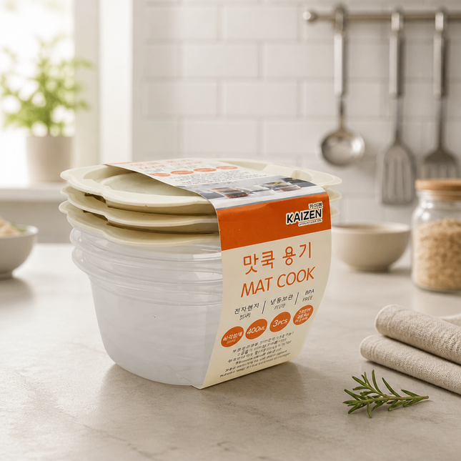 Kaizen Mat Cook Round Food Storage Container Set - 400 mL (13.5 oz) x 3 Pack - BPA Free - Microwave Safe - Made in Korea