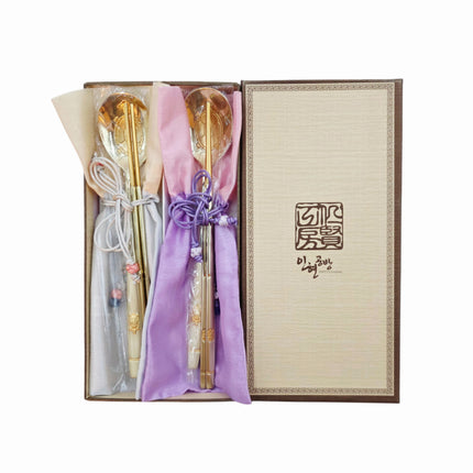 Longevity Turtle Gold Korean Spoon & Chopstick Couple Gift Set (“Sujeo”) – SUS304 Stainless Steel – Made in Korea