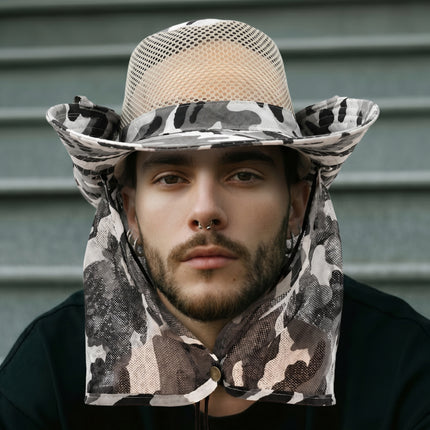 Camouflage Safari Mesh Sun Hat – Wide Brim Sun Hat with Mesh Neck Guard, Breathable Mesh Crown & Adjustable Chin Cord (4 Colors)