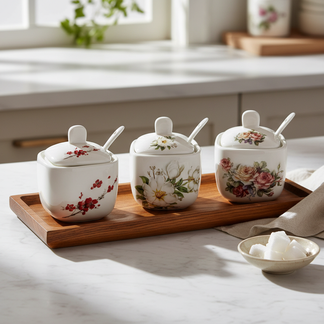 Ceramic Condiment Jar with Spoon & Lid – Floral Design (3 Styles)