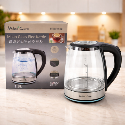 Milan Care Glass Electric Kettle with Blue LED (1.8L) – Cordless Electric Kettle – 360° Power Base – 1250W