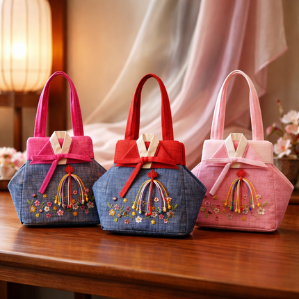 Traditional Korean Embroidered Hanbok Bag & Accessories – 6-Piece Gift Set (Made in Korea)