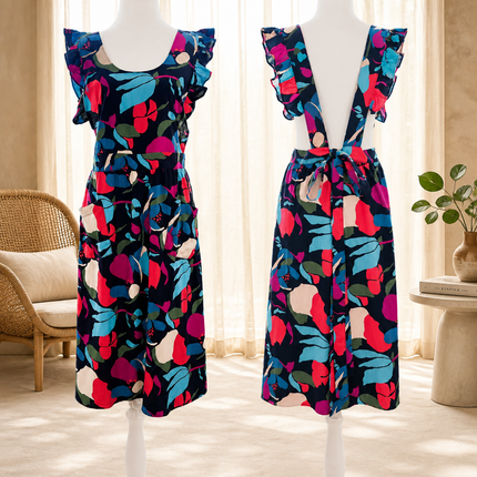 Midnight Botanical Ruffle Apron Dress with Pockets & Back Tie (Golaga Exclusive) - Black Multicolor Kitchen Aprons