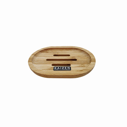 Kaizen Bamboo Wooden Soap Dish – Oval Draining Soap Holder with Non-Slip Pads (5" x 3.5")