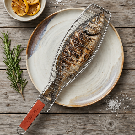 Stainless Steel Fish Grill Basket with Wooden Handle & Locking Ring – 14.5" x 6" Grill Basket, 25.5" Overall Length