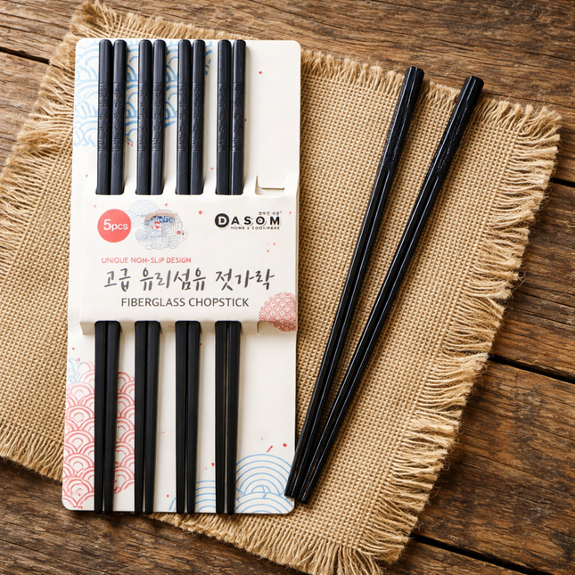 Dasom Premium Fiberglass Chopsticks Set (5 Pairs) – Non-Slip Grip, Textured Floral Design, BPA-Free, Odorless, Black Color