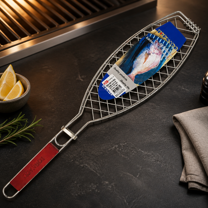 Stainless Steel Fish Grill Basket with Wooden Handle & Locking Ring – 14.5" x 6" Grill Basket, 25.5" Overall Length