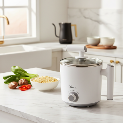 Narita Electric Hot Pot (1.2L) - Stainless Steel Interior – Compact Multi-Cooker/Water Boiler/Noodle Cooker (600W) - Office/Dorm Ready - NPC-1205