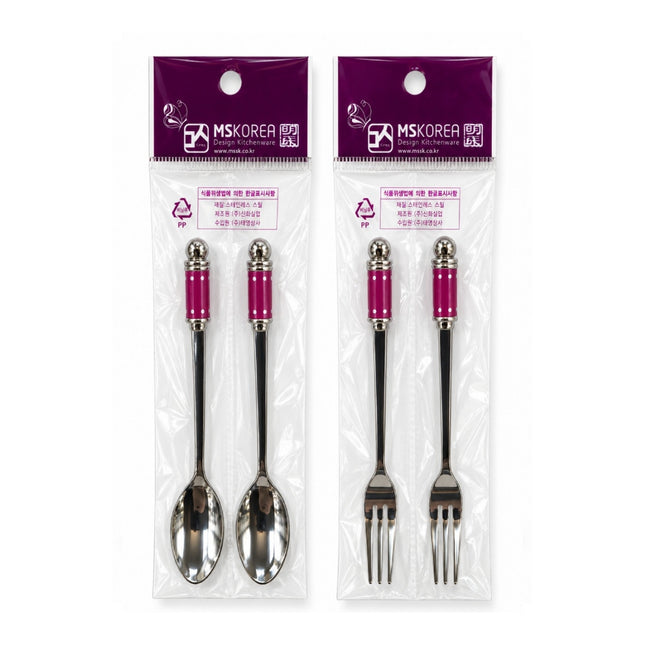 MSKOREA Stainless Steel Teaspoon / Dessert Fruit Fork Set with Magenta Ceramic Handles - 2 Styles - Made in Korea