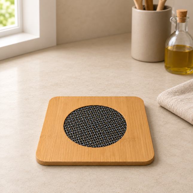 Square Bamboo Trivet with Woven Metal Center & Non-Slip Feet – 6.7" x 6.7" (17 x 17 cm) - Hot Pot Mat