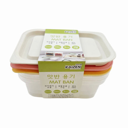 Kaizen Mat Ban Rectangular Food Storage Container Set - 400 mL (13.5 oz) x 3 Pack - BPA Free - Microwave Safe - Made in Korea