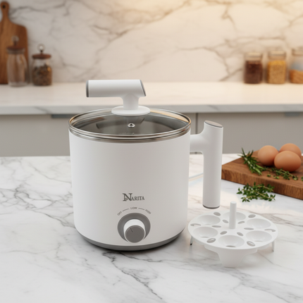 Narita Electric Hot Pot (1.2L) - Stainless Steel Interior – Compact Multi-Cooker/Water Boiler/Noodle Cooker (600W) - Office/Dorm Ready - NPC-1205