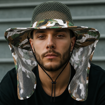 Camouflage Safari Mesh Sun Hat – Wide Brim Sun Hat with Mesh Neck Guard, Breathable Mesh Crown & Adjustable Chin Cord (4 Colors)