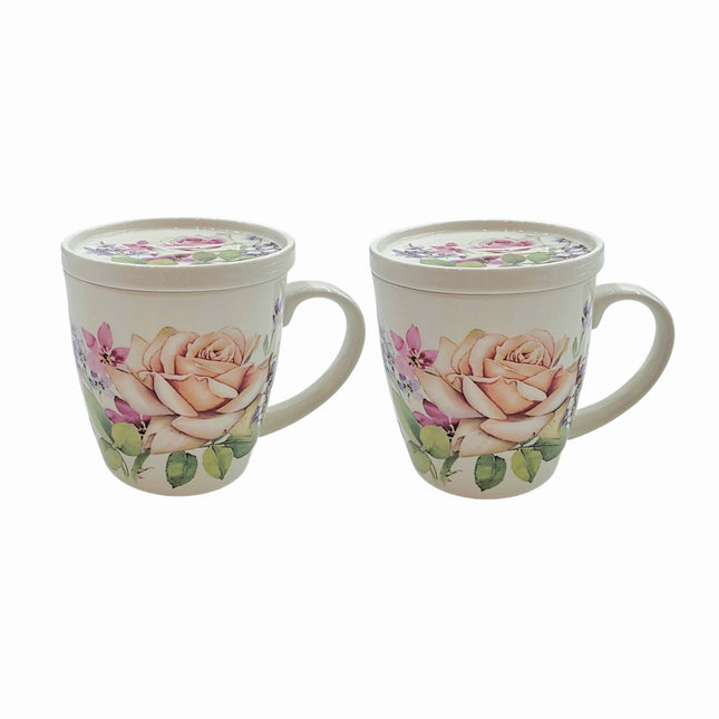 Naremoa Rose Story Fine Bone Porcelain Mug Set (4-Piece) – 2 Mugs + 2 Lids – Made in Korea
