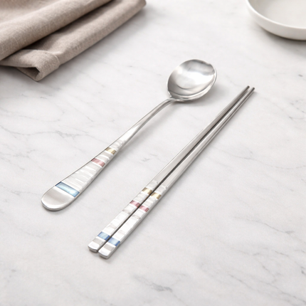Golden Bell Korean 18/10 Stainless Steel Spoon & Chopsticks Set (2 Person Set) - Striped Design Handle - Made in Korea