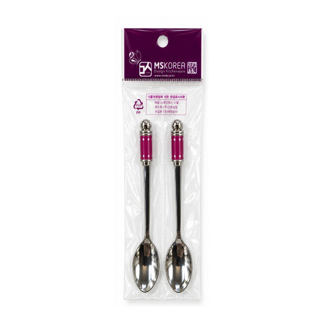 MSKOREA Stainless Steel Teaspoon / Dessert Fruit Fork Set with Magenta Ceramic Handles - 2 Styles - Made in Korea