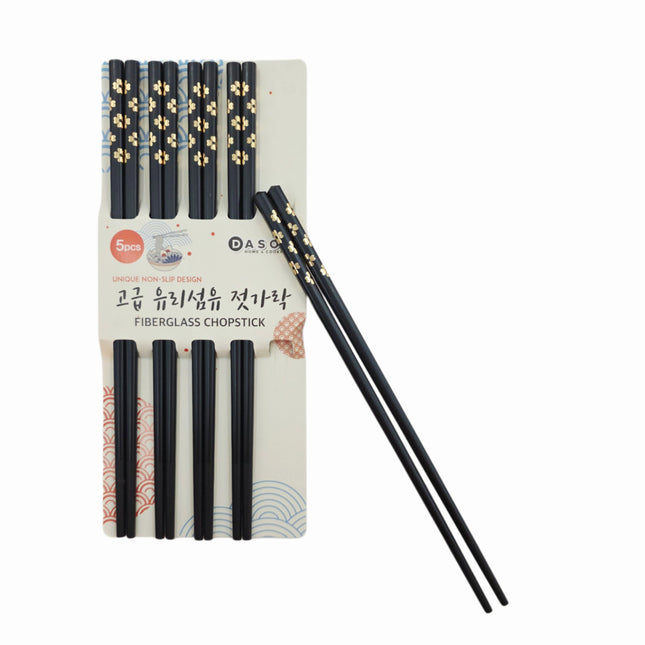 Dasom Premium Fiberglass Chopsticks Set (5 Pairs) – Non-Slip Grip, Gold Floral Accent Design, BPA-Free, Odorless, Black Color