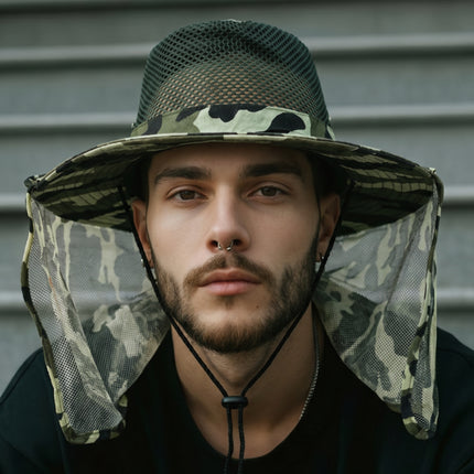 Camouflage Safari Mesh Sun Hat – Wide Brim Sun Hat with Mesh Neck Guard, Breathable Mesh Crown & Adjustable Chin Cord (4 Colors)