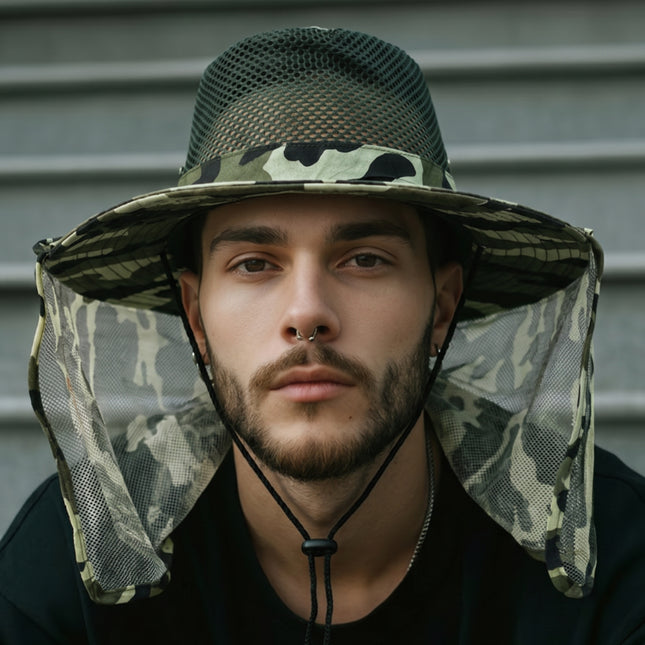 Camouflage Safari Mesh Sun Hat – Wide Brim Sun Hat with Mesh Neck Guard, Breathable Mesh Crown & Adjustable Chin Cord (4 Colors)