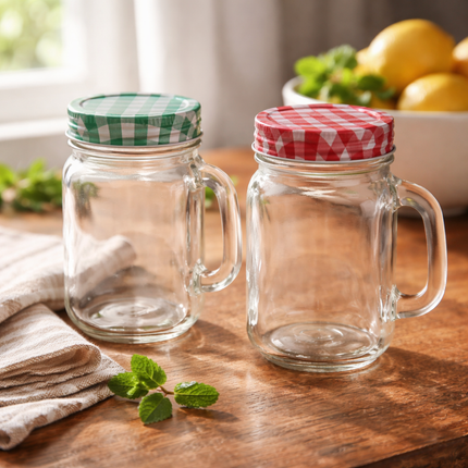 Mini Glass Storage Jar with Checkered Screw-On Lid and Handle (120ml) - Red or Green Lid