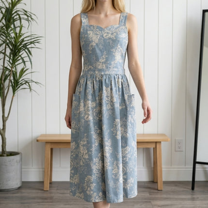 Vintage Floral Linen Cotton Blend Apron Dress with Pockets & Adjustable Shoulder Straps - Kitchen Aprons