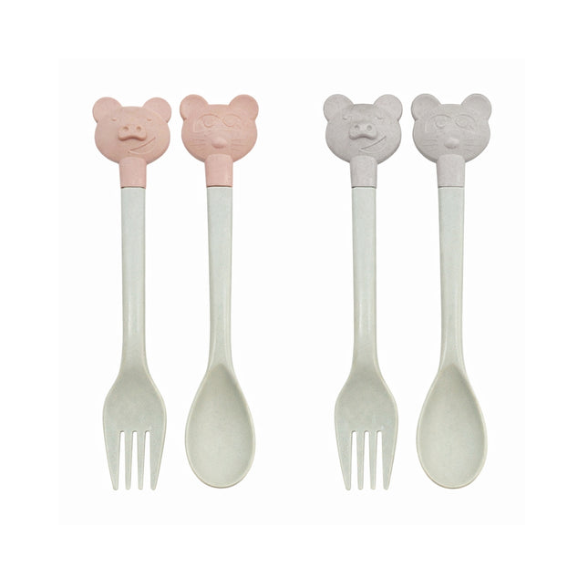 Bamboo Fiber Kids Fork & Spoon Set – 6” Long - Animal Handle (Pink or Gray)