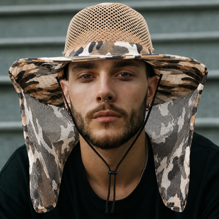 Camouflage Safari Mesh Sun Hat – Wide Brim Sun Hat with Mesh Neck Guard, Breathable Mesh Crown & Adjustable Chin Cord (4 Colors)