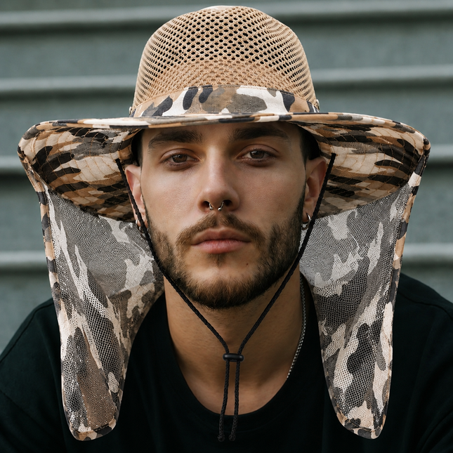 Camouflage Safari Mesh Sun Hat – Wide Brim Sun Hat with Mesh Neck Guard, Breathable Mesh Crown & Adjustable Chin Cord (4 Colors)