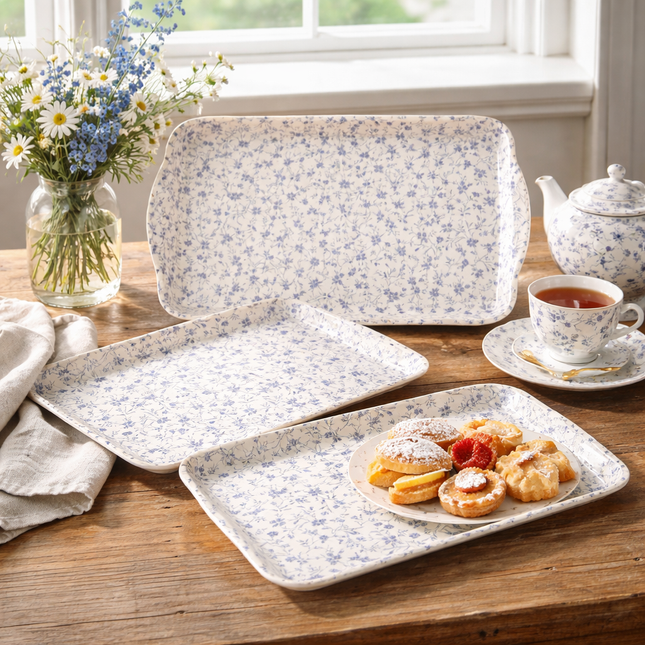 "Royal Floral" Food/Drink Serving Trays w/ Side Handles - Made in Korea (3 Sizes)