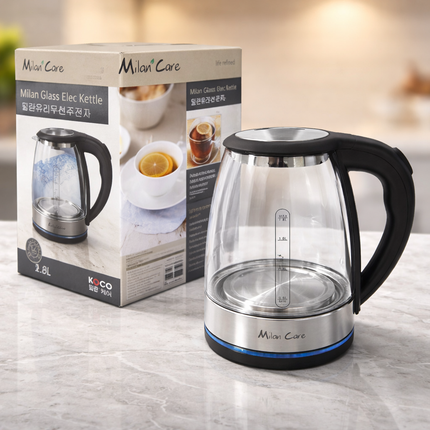 Milan Care Glass Electric Kettle with Blue LED (1.8L) – Cordless Electric Kettle – 360° Power Base – 1250W