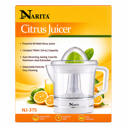 Narita Citrus Juicer NJ-375 - 700mL Electric Citrus Juicer with Auto-Reversing Cone - 40W Power