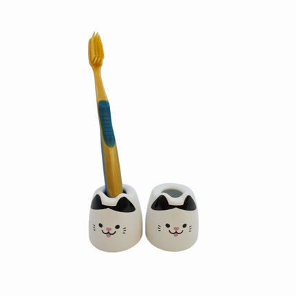 Home Art Ceramic Cat Toothbrush Holders – 2pc Set (White or Yellow)