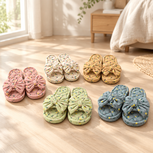Women’s Triple-Padded Quilted House Slippers with Bow Ribbon & Floral Print - 5 Colors